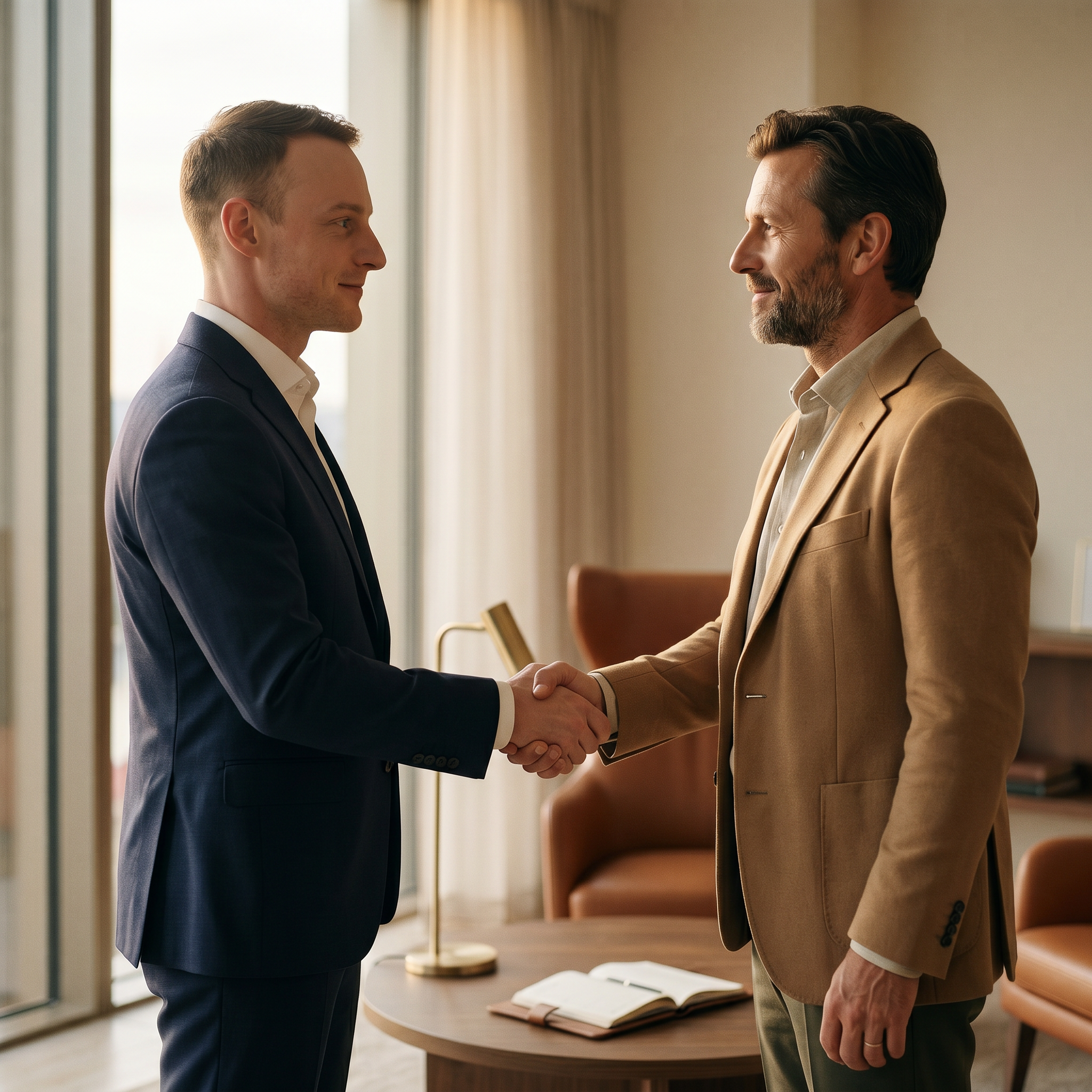 Finanční poradce a klient si podávají ruku v kanceláři — začátek konzultace