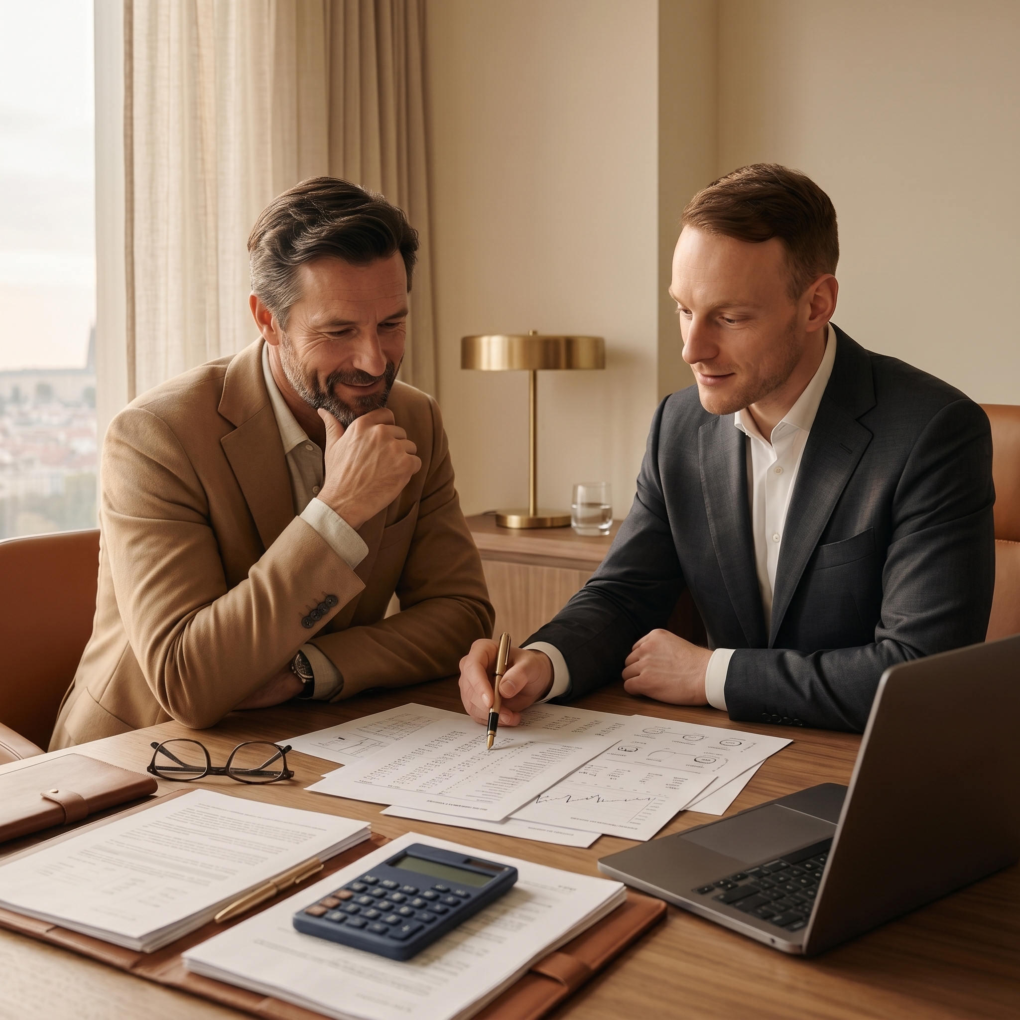 Finanční poradce s klientem analyzují finanční dokumenty u stolu