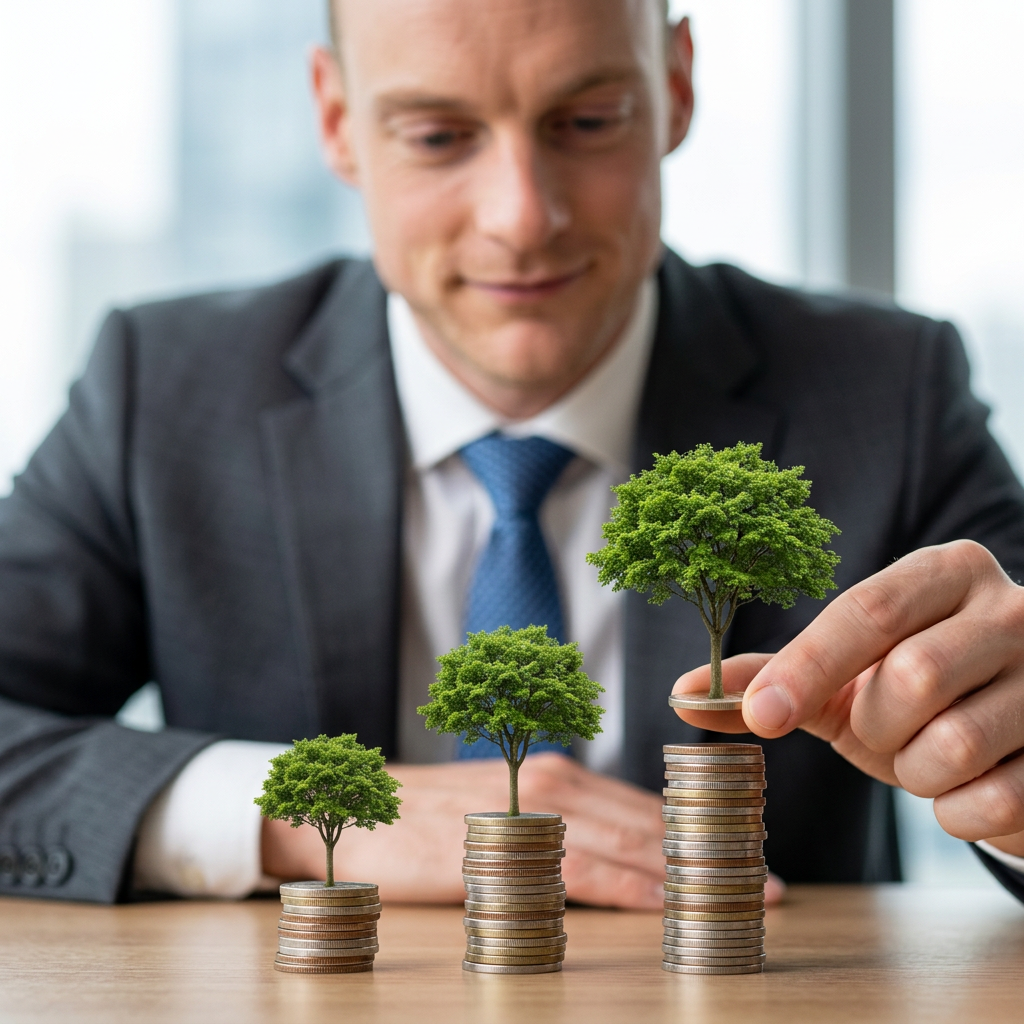 Finanční poradce sleduje tři rostoucí stohy mincí se stromky symbolizujícími růst investice