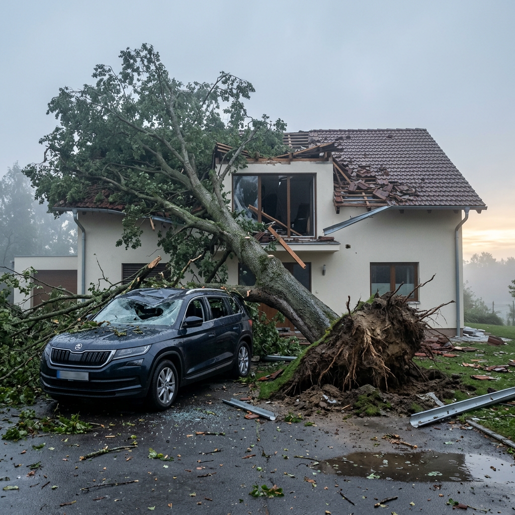 Spadlý strom přes osobní auto a roh rodinného domu po vichřici